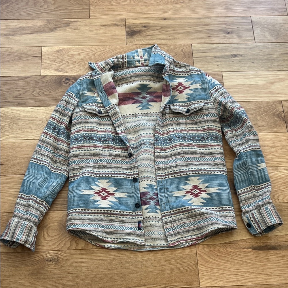 Faherty Aztec Stripe Button-Down Shirt Jacket in Blue, Cream, Red